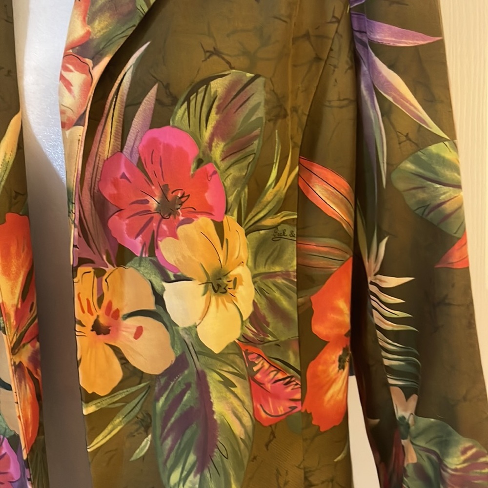 Peck & Peck Collection Women’s SZ 14 Floral Olive Open Front Silk Blend Blazer - Picture 3 of 13